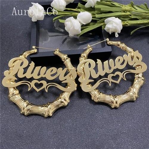 AurolaCo 30 50 70 90 100mm Hiphop Sexy Bamboo Hoop Earrings Customized Name Earrings Bamboo Style Custom Earrings