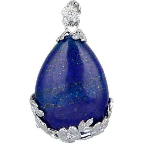 SUNYIK Lapis Lazuli Stone Teardrop Inlaid Flower Healing Crystal Pendant Fit Necklace