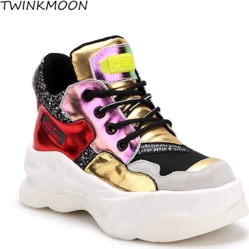 Metallic Leather Womens Sneakers Glitter Vulcanized Shoes Platform Chunky Sneakers Lace Up Casual Womens Winter Shoes 2020