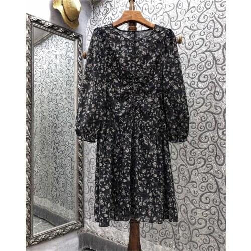 100%Cotton Womens Dress 2021 Autumn Elegant Party Ladies Exquisite Prints Long Sleeve A-Line Casual Vintage Dress Clothings