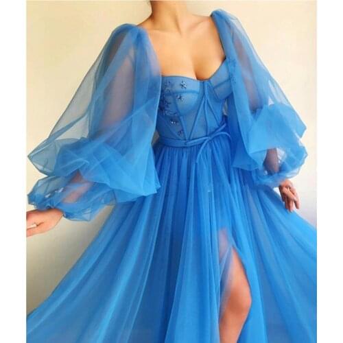 Evening Dress For Women Long Puffy Sleeve Tulle Formal Evening Gown Prom Dress فساتين السهرة Vestidos De Fiesta Robe De Soiree