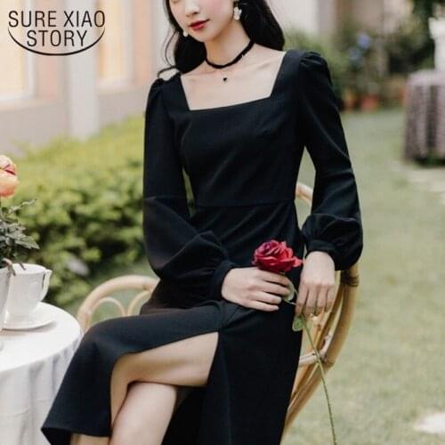 Sexy French Black Dress Vintage Square Collar Puff Long Sleeve Slit Clothing for Lady Waist Slim Chiffon Dress Women Robe 13234