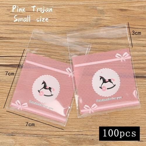 100pcs/lot Snack Food Packaging Bag Pink Cartoon Bow Trojan Wedding Party Homemade Cookie Transparent Ziplock Biscuit Candy Wrap