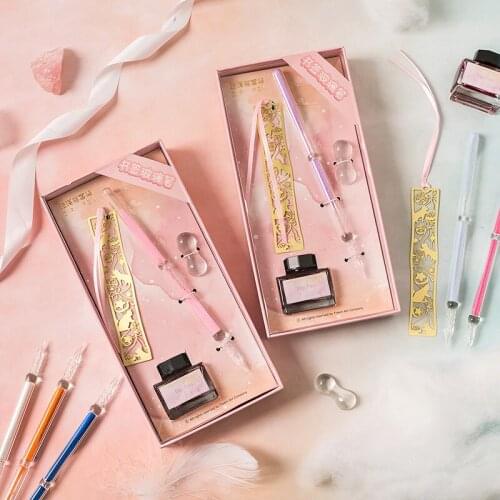 4PCS/Metal Bookmark, Glass Pen, Ink, Pen Holder Set Diamond Color Set Student Supply