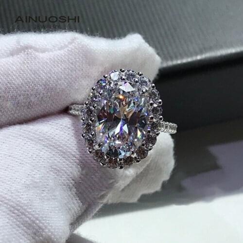 AINUOSHI 8x12mm Oval Cut Double Halo Lad Created Diamond Engagement Rings Gift For 925 Sterling Silver Anniversary Rings