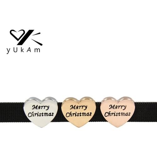 YUKAM Jewelry Spacer Silver Color Gold Love Heart Merry Christmas Slide Charms Keeper for DIY Mesh Bracelets Accessories Making
