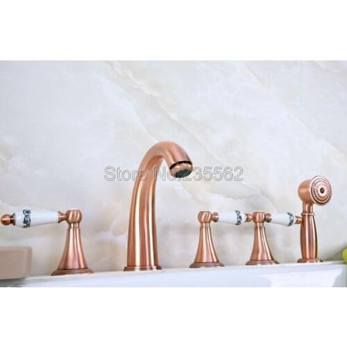 Antique Red Copper Roman Bathtub Mixer Faucet Set w/ Handheld Shower 5 Holes Tap Deck Mounted lna208