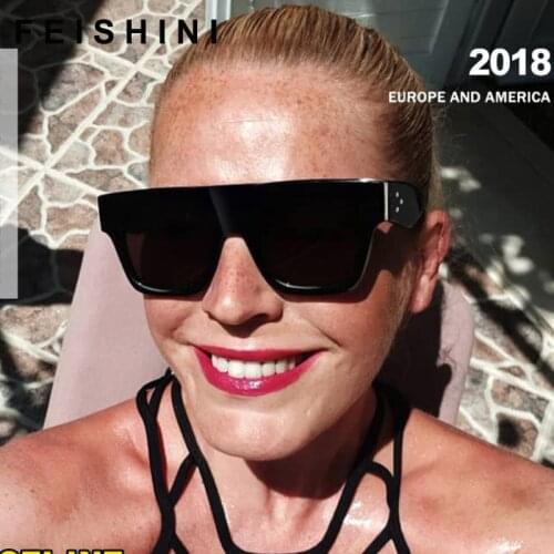 FEISHINI 2021 Flat Top Sun glasses Oversize Goggles Mens Square Sunglasses Women Fashion Famous Brand Rivet Black Vintage Shades