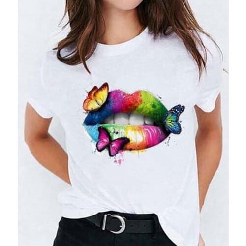 2021 New Women T-Shirts Color Lip Print Casual Tops Harajuku Tee Summer Short Sleeve Female T Shirt For Woman Clothes Plus Size