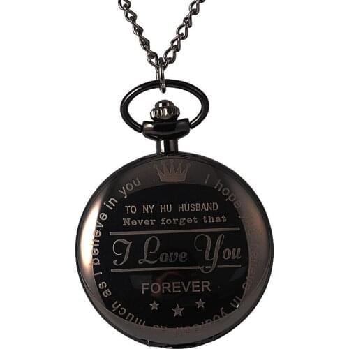 Retro large size quartz pocket watch TO MY HUSBAND I LOVE YOU series black smooth face pocket watch with necklace