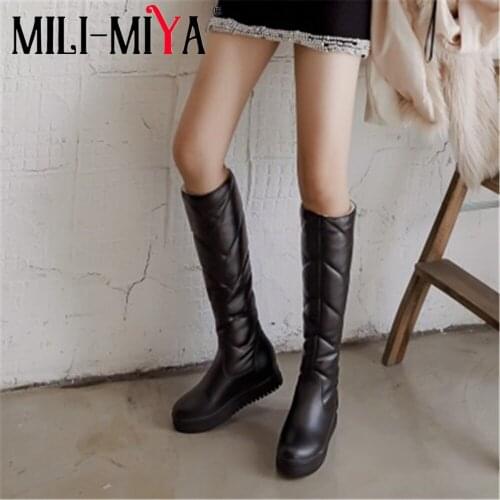 MILI-MIYA High Female Winter Warm Snow Boots Top Quality Plus Big Size Knee-High Slip-On Round Toe Wedges Handmade For Ladies