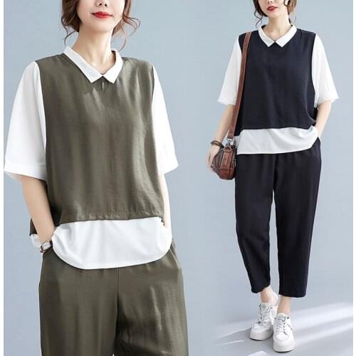 Fashion 2 Pieces Women Pant Sets Autumn Vintage Deisgn 2021 Patchwork Loose T-Shirts Female Clothing Suits Top Quality