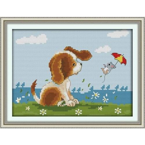 Joy Sunday Good-bye,Friend Dog and Mouse Printed Canvas Counted Cross Stitch Kits Printed Cross-stitch Set Embroidery Needlework