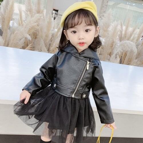 Female Baby Coat The Spring And Autumn New Gauze Patchwork Dress Lapel Zipper Unlined Upper Garment Black A Childs Leather Coat