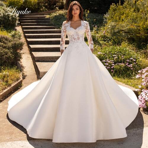 Liyuke Three Quarter Sleeve Of Square Collar A Line Wedding Dress With Gorgeous Stain Skirt vestido de noiva