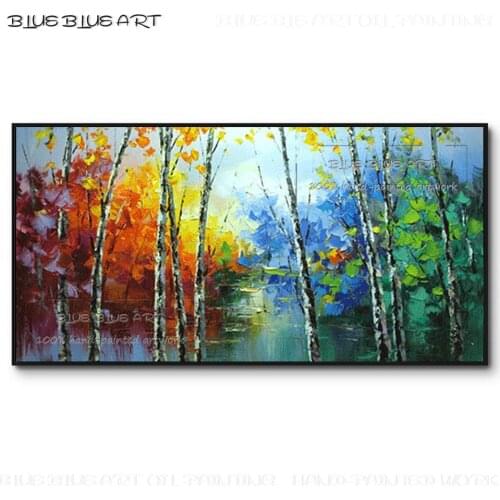 Professional Artist Hand-painted Colorful Abstract Birch Landscape Painting on Canvas Rich Colors Knife Forest Acrylic Painting