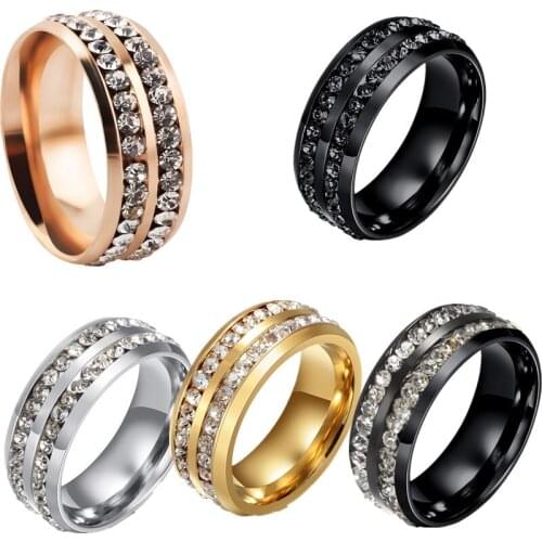 QianBei 8MM Titanium Stainless Steel Ring 2Row CZ Inlay Cubic Zirconia Women Men Wedding Cocktail Graduation Xmas Gifts Choose