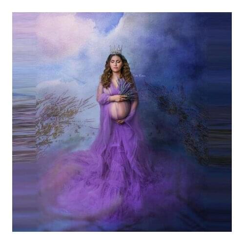 Sexy Sheer Tulle Maternity Gown Long Sleeves See Thru Plus Size With Train Bridal Photo Shoot Pregnancy Dresses Ruffles