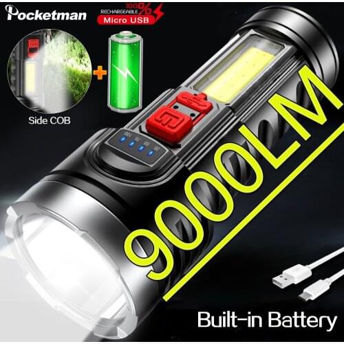 9000LM Super Bright Led Flashlight USB Rechargeable 4 Modes Torch with Built-in 18650 Battery Tactical Camping Flashlight Torch