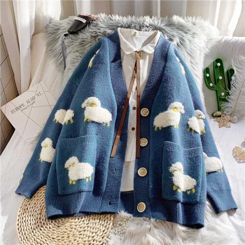 Sweater Women Loose Outer Wear Thick Little Lamb Flower Cardigan Crop Top 2020 Lazy Green Knit Cardigan Jacket Spring and Autumn