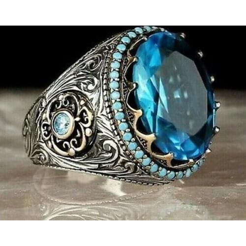 Ethnic Style Big Sky Blue Oval Cubic Zircon Women Rings Anniversary Gift Exquisite Pattern Female Brilliant Rings Jewelry