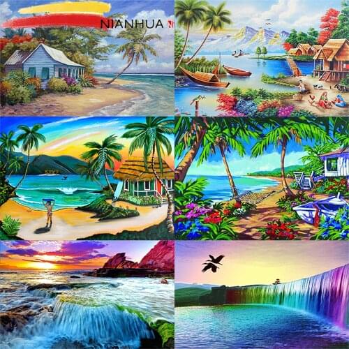 NIANHUA Square Diamond Embroidered Landscape Drawing 5D DIY Round Cross Stitch Coconut Tree Beach Art Kit Home Decoration