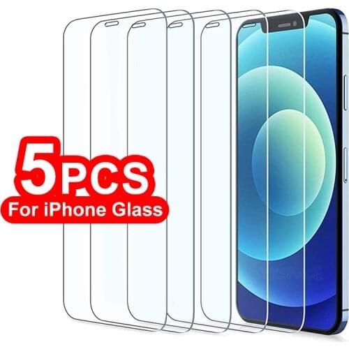 5Pcs Transparent 9H Tempered Glass for iPhone X XS XR 11 12 13 mini Pro Max 5S SE 6 6S 7 8 Plus Screen Protector Protective Film