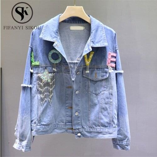 Washed Denim Jacket Women Tassel Embroidery Sequins Jeans Jacket Streetwear Loose Fashion Long sleeve Jeans Coat Female 2020