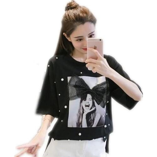 Top Summer New Fashion Women O-neck 2018 Short Sleeve Pearls Beading 3D Bow Character Print Casual All-match T-shirts LooseQ156