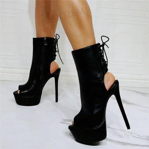 BERZIMER Women Ankle Boots Peep Toe Stiletto High Heels Side Zip Booties Female Party Shoes Woman Botas Mujer Big Size 41 44 52