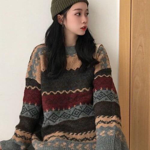 2021 Loose Striped Pull Jumpers Women Knit Pullover Knitwear Casual Top Fall Clothes Pullovers Mujer Vintage Sweaters Winter