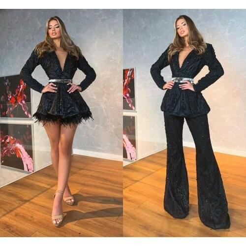 2021 Modern Beads Crystals V Neck Long Sleeves Top Prom Dresses Black Satin Women Pants Suit Evening Gowns Custom Made Plus Size