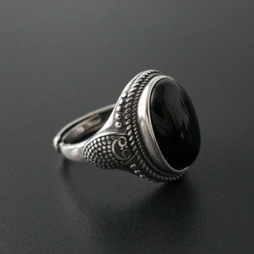 925 Sterling Silver Natural Black Onyx Stone Rings For Women Vintage Style Thai Silver Resizable Ring