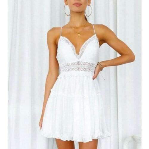 Sexy Lace Patchwork Spaghetti Strap Mini Dress Women Deep V-neck Backless Hollow Out Folds Ruffles Summer Sweet White Dresses