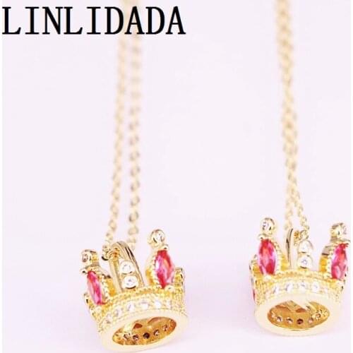 10Pcs Wholesale Gold Color Micro Pave CZ Zirconia Crown Charms Pendant Necklace Fashion Jewelry For Wedding Party Gifts