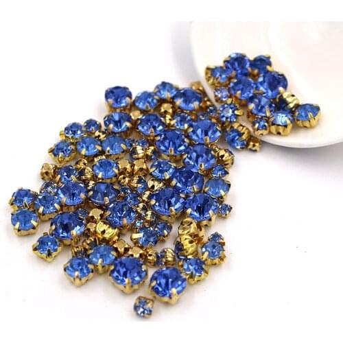 100pcs/bag Mixed size Light blue glass strass crystal Clothing loose beads gold base sewing rhinestones diy Wedding decoration