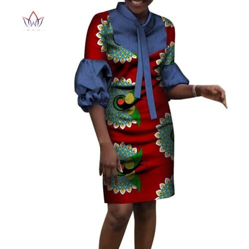 Dashiki African Dresses for Women Bazin Riche Ankara Print Flare Long Sleeve Knee Length Dresses Women African Clothing WY6598