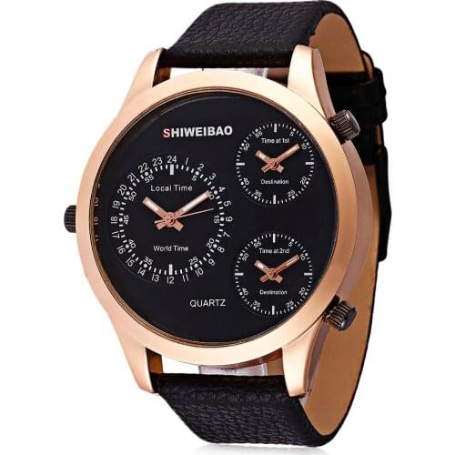 Big Rose Gold Case Wrist Watch For Men Cool Mens Watches Three Times Military Watch Man Black Leather Strap Relogio Masculino