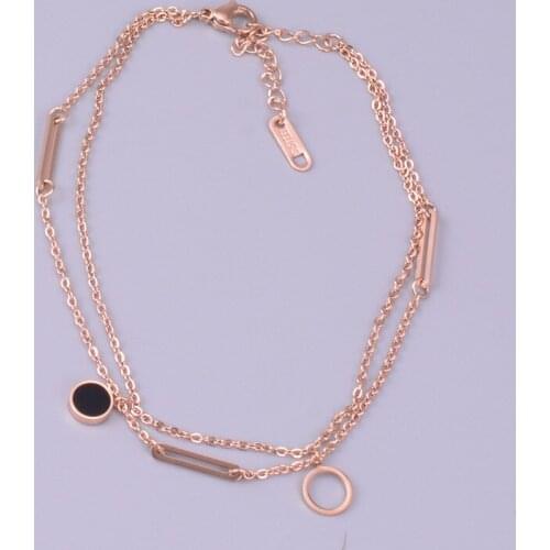 JIETHLING Stainless Steel Two Lines Black Enamel Round Multi-layers Ankle Bracelets For Women Foot Jewelry High Quality No Fade
