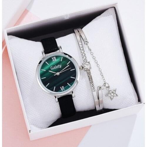2021 Fashion Women Watches Bracelet Set Green Dial Luxury Leather Quartz Watches Simple Black Ladies Watch reloj mujer