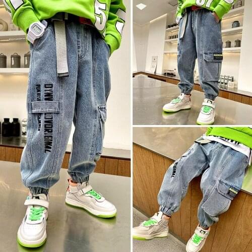 New2021 Boys Big Pocket Jeans Cotton Fashion Letter Printing Casual Stretch Waist Pants Spring And Autumn Boys Denim Loose Pants