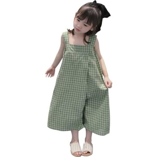Casual Simple Overalls Age For 2 - 8 Years Baby Girls Green Lattice Rompers 2021 New Summer Back To School Children Clothes