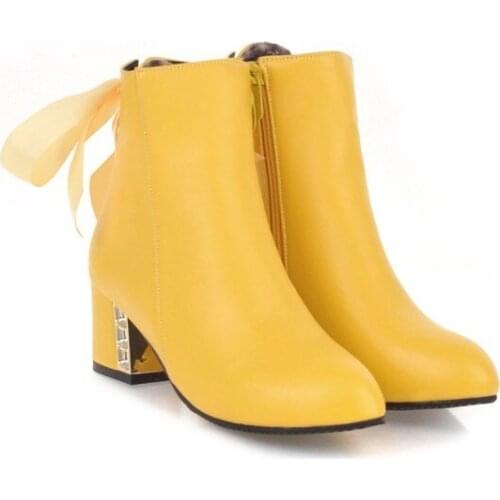 Big Size 11 12 13 14 15 16 17 Fashion boots with pointed thick heel and high heel metal decorative ribbon side zipper