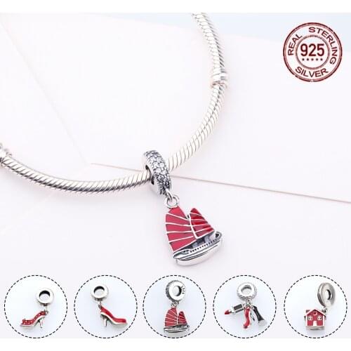 Fashion red sterling silver high-heeled shoes, sailboat, lipstick, house pendant series for DIY bracelet jewelry accessories