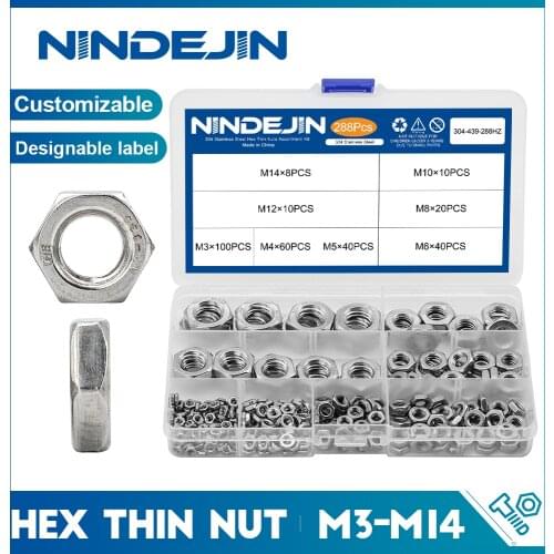 NINDEJIN 288pcs Hex Hexagon Thin Nuts Assortment Kit M3 M4 M5 M6 M8 M10 M12 304 Stainless Steel Metric DIN439 Hex Thin Nuts Set