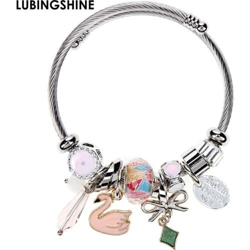 New Design Stainless Steel Bracelets Bangles Fashion Bowknot Swan Charms Cable Wire Cuff Bangle For Women Girl Jewelry Gift