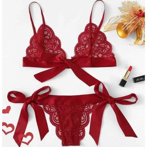2021 New Lingerie Set Hot Women Bikini Bra set Fashion Sexy Lace Underwear Bow Bandage Brassiere+Panty Three point Sexy Lingerie
