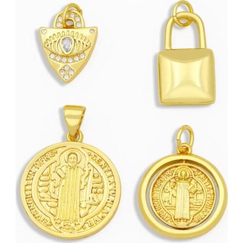 OCESRIO Polished Small Jesus Necklace Charms Wholesale Gold CZ Lock Evil Eye Pendant Charms for Jewelry Making Bulk pdta204
