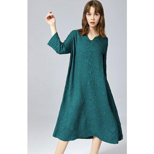 2021 autumn casual V-neck embroidered long dress miyake pleated loose large Thin folda a-line middle-aged dress for woman