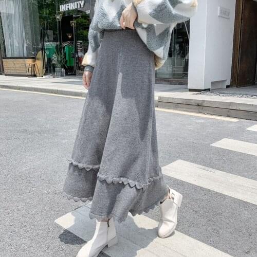 Autumn Winter Women Midi-Calf Knitting Elastic Waist Casual Skirts Girls High Waist A-Line Elegant Pleated Skirt DS290